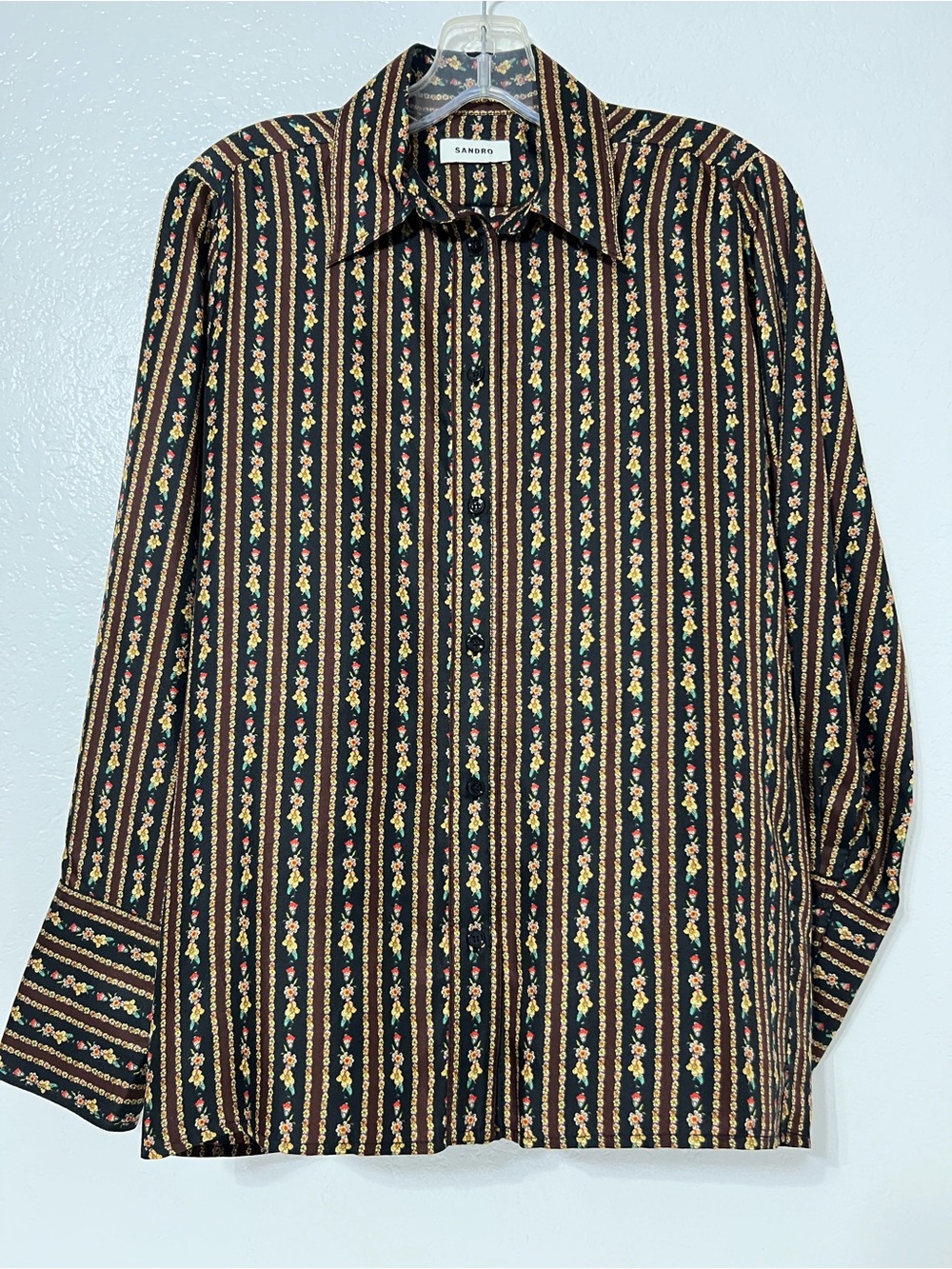 Sandro Paris 100% Silk Floral Stripe Button Down Blouse Boho Cottagecore Luxe